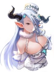 Rule 34 | 1girl, blue hair, breasts, cleavage, cropped torso, detached sleeves, draph, gloves, granblue fantasy, hat, honyaru (nanairo39), horns, izmir, large breasts, pointy ears, red eyes, solo, white background, white gloves