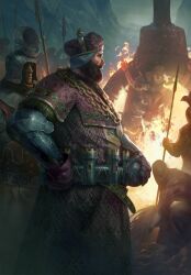 Rule 34 | armor, belt, crown, european clothes, fire, gloves, gwent (game), helmet, highres, holding, holding polearm, holding weapon, king henselt, mountain, mountainous horizon, night, non-web source, official art, pants, pauldrons, polearm, shoulder armor, spear, the witcher (series), vambraces, weapon