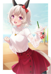 Rule 34 | 1girl, animal ears, blush, buttons, curren chan (umamusume), drink, drinking straw, hair between eyes, highres, holding, holding drink, horse ears, horse girl, horse tail, jewelry, long sleeves, necklace, open mouth, purple eyes, red skirt, shiao, shirt, short hair, silver hair, skirt, smile, solo, tail, umamusume, white shirt