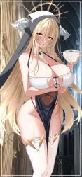 Rule 34 | 1girl, absurdres, arm under breasts, azur lane, blonde hair, breast cutout, breasts, cathedral, cleavage, covered erect nipples, cowboy shot, cum, cum in container, cum in cup, cup, fake horns, framed breasts, gold trim, hair between eyes, halo, highres, holding, holding cup, horns, huanyi huanhuanzi, huge breasts, implacable (azur lane), indoors, long hair, looking at viewer, mechanical halo, nun, open mouth, red eyes, revealing clothes, see-through, skindentation, solo, standing, thighhighs, very long hair, white horns, white thighhighs