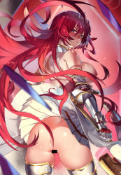 Rule 34 | 1girl, absurdres, armor, armored dress, ass, bar censor, bare shoulders, blue eyes, blush, boots, breasts, censored, closed mouth, club3, gauntlets, gloves, godsworn alexiel, granblue fantasy, hair between eyes, hair ornament, highres, large breasts, long hair, looking at viewer, looking back, no panties, pleated skirt, red hair, scan, shards, skirt, solo, sword, thigh boots, thighhighs, thighs, very long hair, weapon, white skirt, wind, wind lift