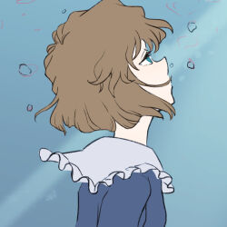Rule 34 | 1girl, air bubble, astrayin, blue shirt, brown hair, bubble, from side, haibara ai, looking up, meitantei conan, pale skin, pointy nose, profile, shirt, short hair, solo, underwater
