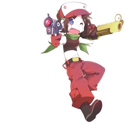 Rule 34 | 1girl, absurdres, brown hair, colored skin, cosplay, crop top, doukutsu monogatari, full body, gloves, green scarf, gun, hat, highres, holding, holding gun, holding weapon, humanoid robot, looking at viewer, majormilk, multicolored clothes, multicolored hat, navel, open mouth, pants, purple eyes, quote (doukutsu monogatari), quote (doukutsu monogatari) (cosplay), red gloves, red hat, red pants, robot, scarf, short hair, sleeveless, solo, transparent background, weapon, white hat, white skin, yuyushiki