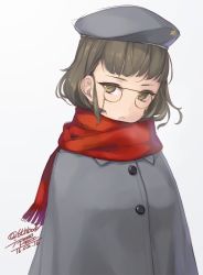 Rule 34 | 10s, 1girl, artist name, beret, brown eyes, brown hair, cloak, dated, eyewear strap, glasses, hat, kantai collection, looking at viewer, pince-nez, rokuwata tomoe, roma (kancolle), scarf, short hair, simple background, solo, twitter username, white background
