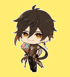 Rule 34 | 1boy, absurdres, black gloves, black hair, bouquet, brown hair, chibi, closed mouth, collared shirt, earrings, flower, formal, full body, genshin impact, gloves, gradient hair, hair between eyes, hand on own hip, highres, holding, holding bouquet, jacket, jewelry, long hair, long sleeves, looking at viewer, male focus, multicolored hair, necktie, open mouth, ponytail, rvve, shirt, simple background, single earring, smile, solo, suit, tassel, tassel earrings, white flower, yellow background, yellow eyes, zhongli (genshin impact)