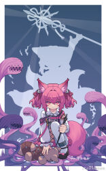 Rule 34 | 1girl, animal ear fluff, animal ears, anklet, arknights, black footwear, bow, burnt clothes, chinese commentary, closed mouth, commentary request, footwear bow, fox ears, fox girl, fox tail, highres, infection monitor (arknights), jewelry, long sleeves, luchiluchi, mary janes, morte (arknights), pantyhose, pink bow, pink eyes, pink hair, shamare (arknights), shoes, short hair, solo, stuffed wolf, tail, twintails, white pantyhose