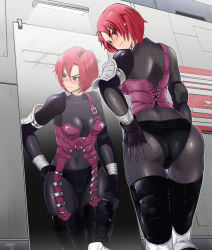 Rule 34 | 1girl, absurdres, alternate costume, angry, artist request, ass, blush, bodysuit, breasts, dino crisis, embarrassed, fingerless gloves, from behind, gloves, hanabusa (xztr3448), hand on own ass, highres, looking back, looking down, medium breasts, mirror, red eyes, red hair, reflection, regina (dino crisis), shiny clothes, short hair, sideboob, skin tight, solo, thighs, wavy mouth