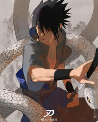 Rule 34 | 1boy, absurdres, black hair, collared shirt, feet out of frame, from above, hair slicked back, highres, looking at viewer, male focus, myyykco, naruto (series), naruto shippuuden, open clothes, open shirt, serious, sharingan, sheath, shirt, short hair, snake, solo, uchiha sasuke, unsheathing, white snake