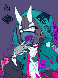 Rule 34 | 1girl, alternate costume, barcode, black hair, black jacket, blouse, bob cut, choker, collarbone, cyberpunk, ear piercing, fate/grand order, fate (series), gloves, grey eyes, highres, hood, hooded jacket, horns, jacket, logo, looking at viewer, mask, mouth mask, oni, open clothes, open jacket, open mouth, partially fingerless gloves, piercing, purple background, see-through, see-through jacket, see-through mask, see-through shirt, shirt, short eyebrows, short hair, shuten douji (fate), simple background, skin-covered horns, smile, solo, tongue, tongue out, upper body, v-neck, white shirt, whitebell516