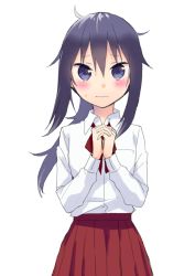 Rule 34 | 10s, 1girl, blush, hijiki (hijikini), himouto! umaru-chan, long hair, looking at viewer, messy hair, motoba kirie, own hands clasped, own hands together, ponytail, purple eyes, purple hair, school uniform, simple background, skirt, solo, wavy mouth, white background