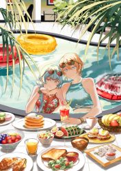 Rule 34 | 2girls, apple, banana, bare arms, bendy straw, blue eyes, blue hair, blue one-piece swimsuit, bowl, bracelet, bread, bread slice, chair, closed mouth, commentary request, croissant, crop top, day, drinking straw, earrings, eyewear on head, food, food request, fruit, grapes, highres, hoop earrings, inflatable raft, jewelry, juice, long hair, looking at viewer, macaron, mege (megechan), multiple girls, one-piece swimsuit, orange eyes, orange hair, orange juice, original, outdoors, palm tree, pancake, pancake stack, partially submerged, pool, red-tinted eyewear, red one-piece swimsuit, salad, short hair, sleeveless, smile, souffle pancake, strawberry, sunglasses, swimsuit, table, tinted eyewear, toast, tree, watermelon, watermelon slice