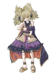 Rule 34 | 1girl, anklet, bare arms, belt, black belt, black cape, black ribbon, black sailor collar, blonde hair, bracelet, cape, closed mouth, clothes tug, curly hair, earmuffs, expressionless, frilled skirt, frills, full body, hair between eyes, head tilt, highres, inkopico, jewelry, looking at viewer, neck ribbon, pointy hair, purple skirt, rectangular pupils, red cape, ribbon, sailor collar, sandals, shirt, short hair, simple background, skirt, sleeveless, sleeveless shirt, solo, standing, tachi-e, touhou, toyosatomimi no miko, two-sided cape, two-sided fabric, white background, yellow eyes