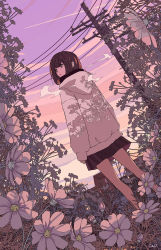 Rule 34 | 1girl, black skirt, breath, brown eyes, brown hair, commentary, contrail, dutch angle, evening, expressionless, flat color, flower, flower request, from behind, highres, hood, hood down, hoodie, ligne claire, limited palette, long sleeves, looking to the side, medium hair, original, outdoors, parted lips, pink sky, pink theme, pleated skirt, power lines, purple sky, radio antenna, seraphitalg, signature, skirt, sky, sleeves past wrists, solo, standing, utility pole, white flower, white hoodie