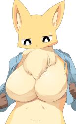 Rule 34 | 1girl, animal ears, black eyes, blue hoodie, breasts, bright pupils, closed mouth, commentary request, cropped hoodie, expressionless, fox ears, fox girl, furry, furry female, highres, hood, hood down, hoodie, large breasts, lets0020, looking down, neck fur, original, simple background, solo, upper body, white background, white pupils