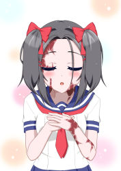 Rule 34 | 1girl, black hair, blush, bow, burn scar, dorei to no seikatsu ~teaching feeling~, closed eyes, facing viewer, hair bow, hair ornament, hairclip, incoming kiss, long hair, open mouth, own hands together, red bow, red neckwear, scar, school uniform, serafuku, short sleeves, simple background, solo, sylvie (dorei to no seikatsu), takahiko, twintails, upper body