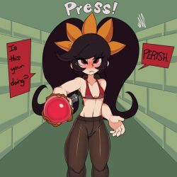 Rule 34 | 1girl, absurdres, ashley (warioware), bikini, bikini top only, black hair, black pantyhose, blush, breasts, captain kirb, cleavage, comic, english text, gameplay mechanics, highres, imminent rape, looking at viewer, navel, nintendo, pantyhose, pointing, pointing at viewer, red bikini, red eyes, small breasts, speech bubble, staff, swimsuit, text focus, twintails, warioware
