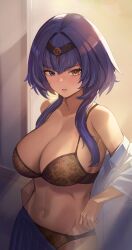Rule 34 | 1girl, absurdres, black hairband, blue eyes, bra, breasts, candace (genshin impact), cleavage, clothes pull, dark-skinned female, dark skin, eye of horus, genshin impact, hairband, heterochromia, highres, large breasts, long hair, navel, panties, parted lips, purple hair, shio05 (05 sio), shirt pull, sidelocks, skirt, skirt pull, solo, stomach, underwear, undressing, uniform, v-shaped eyebrows, yellow eyes