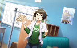 Rule 34 | 1boy, ahoge, akizuki ryo, clenched hands, clothes hanger, collared shirt, fingernails, glasses, glint, green shirt, highres, idolmaster, idolmaster side-m, idolmaster side-m live on stage!, long sleeves, male focus, official art, poster (object), shirt, silhouette, undershirt, watch, window blinds, wristwatch