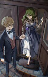 Rule 34 | 1boy, 1girl, absurdres, black suit, blonde hair, bow, bowtie, breasts, carriage, cleavage, closed mouth, dress, flower, formal, from above, glasses, green hair, highres, holding hands, lace, land (sousou no frieren), noir (noir reveur), purple eyes, purple flower, purple rose, rose, see-through, shirt, short hair, smile, sousou no frieren, standing, suit, ubel (sousou no frieren), vest, white shirt