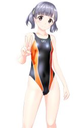 Rule 34 | 1girl, absurdres, black eyes, black one-piece swimsuit, blunt bangs, breasts, clothes writing, collarbone, competition swimsuit, contrapposto, covered navel, cowboy shot, grey hair, highres, kantai collection, looking at viewer, multicolored clothes, multicolored swimsuit, one-piece swimsuit, ooshio (kancolle), short hair, simple background, small breasts, solo, standing, swimsuit, takafumi, twintails, two-tone swimsuit, v, white background
