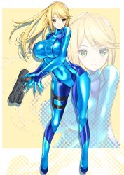 Rule 34 | 1girl, blonde hair, blue bodysuit, bodysuit, breasts, closed mouth, covered erect nipples, covered navel, expressionless, full body, groin, gun, handgun, high ponytail, highres, holding, holding gun, holding weapon, holster, huge breasts, impossible bodysuit, impossible clothes, long hair, looking at viewer, metroid, nintendo, ponytail, samus aran, shiny clothes, skin tight, solo, standing, swept bangs, tamiya akito, thigh holster, turtleneck, weapon, zero suit