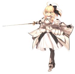 Rule 34 | 1girl, ahoge, armor, armored dress, artoria pendragon (all), artoria pendragon (fate), black ribbon, blonde hair, caliburn (fate), dress, fate/grand order, fate/stay night, fate/unlimited codes, fate (series), full body, gauntlets, green eyes, highres, holding, holding sword, holding weapon, looking at viewer, official art, ribbon, saber lily, solo, sword, takeuchi takashi, transparent background, weapon, white dress