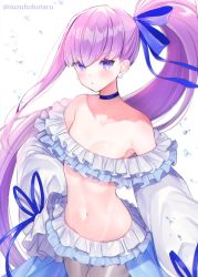 1girl bare_shoulders bikini blue_eyes blue_ribbon blush breasts choker collarbone earrings fate/grand_order fate_(series) frilled_bikini frills hair_ribbon jewelry long_hair long_sleeves looking_at_viewer meltryllis meltryllis_(fate) meltryllis_(swimsuit_lancer)_(fate) meltryllis_(swimsuit_lancer)_(third_ascension)_(fate) puffy_sleeves purple_hair ribbon side_ponytail simple_background sleeves_past_fingers sleeves_past_wrists small_breasts suzuho_hotaru swimsuit thighs very_long_hair white_background white_bikini white_legwear white_ribbon