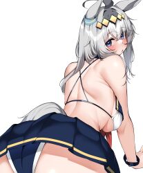 Rule 34 | 1girl, absurdres, animal ears, bikini, blue hair, blue skirt, breasts, commission, from behind, grey hair, highres, horse ears, horse girl, horse tail, kshimu, large breasts, long hair, looking at viewer, looking back, oguri cap (umamusume), simple background, skeb commission, skirt, solo, swimsuit, tail, umamusume, white background