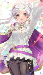 1girl arm_up belt bow bowtie brown_eyes commentary_request fire_emblem fire_emblem_awakening fire_emblem_heroes haru_(nakajou-28) highres long_hair looking_at_viewer multiple_belts nintendo official_alternate_costume pants pink_belt robin_(female)_(exalt&#039;s_right_hand)_(fire_emblem) robin_(female)_(fire_emblem) robin_(fire_emblem) shirt short_hair smile solo swept_bangs teeth twintails upper_teeth_only white_background white_bow white_bowtie white_hair white_shirt