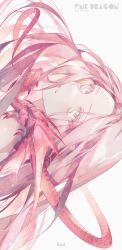 Rule 34 | 1girl, absurdres, artist name, close-up, commentary, dated, dragon, dragon on shoulder, ena (enaa97), english commentary, highres, long hair, looking at viewer, original, parted lips, pink eyes, pink hair, portrait, simple background, solo, teeth, white background