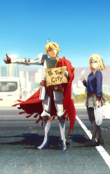 Rule 34 | 1boy, 1girl, absurdres, armor, belt, blonde hair, blue eyes, braid, cape, car, cropped, desert, fate/strange fake, fate (series), full armor, gauntlets, greaves, highres, highway, hitchhiker&#039;s thumb, hitchhiking, holding, holding sign, key visual, knight, looking at viewer, motor vehicle, official art, one eye closed, pantyhose, plate armor, pleated skirt, promotional art, red cape, richard i (fate), road, sajou ayaka (fate/strange fake), short hair, shoulder armor, sign, skirt, smile, sweater, thumbs up