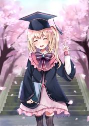 Rule 34 | 1girl, :d, ^ ^, absurdres, alternate costume, black socks, blonde hair, blue jacket, blush, book, bow, bowtie, cherry blossoms, closed eyes, dress, feet out of frame, flandre scarlet, graduation, hat, highres, holding, holding book, holding wand, jacket, kneehighs, medium hair, mortarboard, one side up, open mouth, outdoors, petticoat, pink dress, purple bow, purple bowtie, satori (kxdm8872), smile, socks, solo, standing, striped, touhou, tree, vertical stripes, wand, |d