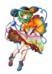 Rule 34 | 1girl, black footwear, black hat, buttons, chinese commentary, closed mouth, commentary request, diamond button, flat chest, floral print, frilled shirt, frilled shirt collar, frilled skirt, frilled sleeves, frills, full body, green eyes, green hair, green skirt, hat, hat ribbon, heart, highres, komeiji koishi, long sleeves, mahoushaojiulilika05836, medium hair, ribbon, shirt, simple background, skirt, smile, solo, third eye, touhou, white background, wide sleeves, yellow shirt