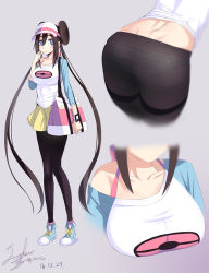 Rule 34 | 1girl, ass, back, bad id, bad pixiv id, bag, black pantyhose, blouse, blue eyes, blush, breasts, brown hair, creatures (company), dated, double bun, frilled skirt, frills, full body, game freak, grey background, hair between eyes, hair bun, hat, long hair, long sleeves, nintendo, off shoulder, panties, pantyhose, pokemon, pokemon bw2, rosa (pokemon), shirt, shoes, simple background, skirt, sneakers, solo, standing, striped clothes, striped panties, torriet, twintails, underwear, very long hair, visor cap, watch, white hat, white shirt, yellow skirt