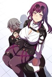 Rule 34 | 1boy, 1girl, absurdres, all fours, arm support, artist request, belt collar, black pants, black pantyhose, black skirt, caelus (honkai: star rail), cleavage cutout, clothing cutout, collar, commentary, eyewear on head, from above, grey hair, highres, holding, holding leash, honkai: star rail, honkai (series), kafka (honkai: star rail), leash, leg support, long hair, long sleeves, looking at viewer, looking up, low ponytail, pants, pantyhose, parted bangs, pencil skirt, purple eyes, purple hair, sidelocks, simple background, sitting, sitting on person, skirt, smile, solo focus, sunglasses, tile floor, tiles, trailblazer (honkai: star rail)