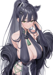 Rule 34 | 1girl, absurdres, animal ears, black dress, black hair, blue archive, breasts, bridal gauntlets, china dress, chinese clothes, cleavage, dress, gdd (vkejr702), green eyes, hair between eyes, hair ornament, highres, large breasts, long hair, looking at viewer, ponytail, shun (blue archive), sidelocks, simple background, solo, tassel, tiger ears, tiger girl, upper body, very long hair, white background