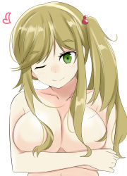 Rule 34 | 10s, 1girl, absurdres, arms under breasts, blonde hair, blush, breasts, eyebrows, fang, free chess, green eyes, hair bobbles, hair ornament, hair over breasts, heart, highres, inuyama aoi, large breasts, long hair, looking at viewer, no nipples, nude, one eye closed, side ponytail, simple background, smile, solo, upper body, white background, wink, yurucamp