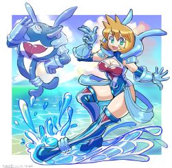 Rule 34 | 1girl, aqua eyes, breasts, bright pupils, cleavage, cloud, cosplay, creatures (company), game freak, gen 2 pokemon, gloves, gym leader, hand up, highres, large breasts, legs, misty (pokemon), nintendo, no humans, oomasa teikoku, orange hair, outdoors, palafin, palafin (cosplay), palafin (hero), pokemon, pokemon hgss, sky, solo, sun, thick thighs, thighs, water, white pupils, wide hips