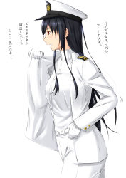 Rule 34 | 10s, 1girl, belt, black hair, brown eyes, epaulettes, female admiral (kancolle), female focus, from side, gloves, hat, high collar, highres, jacket, kantai collection, long hair, military, military hat, military uniform, niwatazumi, open clothes, open jacket, open mouth, pants, peaked cap, profile, shirt, solo, sweatdrop, tatebayashi sakurako, translated, uniform, white background
