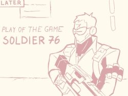 Rule 34 | 1boy, assault rifle, bad id, bad tumblr id, comic, cowboy shot, energy gun, english text, gloves, gun, holding, holding gun, holding weapon, jacket, long sleeves, male focus, mask, monochrome, mouth mask, overwatch, overwatch 1, rifle, sally (luna-arts), short hair, soldier: 76 (overwatch), solo, visor, weapon