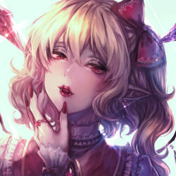 Rule 34 | 1girl, absurdres, adapted costume, backlighting, blonde hair, bow, brooch, crystal, earrings, fangs, fangs out, fingernails, flandre scarlet, hair between eyes, hair bow, highres, jewelry, kyogoku-uru, lips, long fingernails, long pointy ears, looking at viewer, multicolored wings, nail polish, no headwear, one side up, open mouth, pointy ears, portrait, print bow, red bow, red brooch, red eyes, red nails, ring, sharp fingernails, simple background, solo, teeth, touhou, upper teeth only, white background, wings, wrist cuffs
