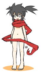 Rule 34 | 1girl, :d, black hair, colored shadow, convenient censoring, full body, grey eyes, groin, hair between eyes, muu (mumumer), naked scarf, navel, nell (muu), open mouth, original, red scarf, scarf, shadow, simple background, smile, solo, standing, twintails, white background