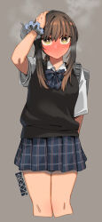 Rule 34 | 1girl, artist logo, artist name, backpack, bag, black vest, blue bow, blue bowtie, blue scrunchie, blue skirt, blush, bow, bowtie, brown hair, closed mouth, collared shirt, cropped legs, ergot, feet out of frame, fubuki (kancolle), green eyes, grey background, highres, kantai collection, looking at viewer, pleated skirt, school uniform, scrunchie, shirt, short hair, short sleeves, simple background, skirt, solo, vest, white shirt, wrist scrunchie