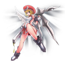 Rule 34 | 10s, 1girl, angel, artificial wings, bare legs, blonde hair, boots, female focus, hat, laila (queen&#039;s blade), long hair, looking at viewer, mechanical wings, miniskirt, purple eyes, queen&#039;s blade, queen&#039;s blade rebellion, skirt, solo, thong, weapon, wings