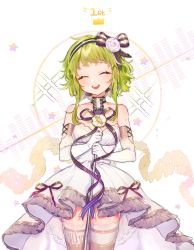Rule 34 | 1girl, ^ ^, ^o^, arin (fanfan013), bare shoulders, choker, closed eyes, commentary request, detached sleeves, closed eyes, flower, green hair, gumi, hair ornament, hairband, highres, microphone stand, ribbon, rose, smile, solo, vocaloid, white flower, white rose
