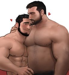 Rule 34 | 2boys, :s, abs, bara, beard, blush, body hair, chest hair, couple, dopey (dopq), facial hair, highres, kiss, kissing forehead, large pectorals, male focus, manly, multiple boys, muscular, nipples, original, pectorals, simple background, size difference, topless male, yaoi