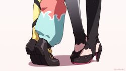 Rule 34 | 2girls, asymmetrical legwear, black footwear, commentary, couple, english commentary, gradient legwear, hakos baelz, height difference, high heels, highres, holocouncil, hololive, hololive english, implied kiss, irys (hololive), kiss, lower body, mismatched legwear, multiple girls, namiorii, out of frame, shoes, simple background, standing, thighhighs, thighs, tiptoe kiss, tiptoes, virtual youtuber, white background, yuri