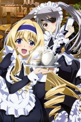 Rule 34 | 10s, 2girls, :d, absurdres, alternate hairstyle, blonde hair, blue eyes, blush, cecilia alcott, clipboard, drill hair, drink, eyepatch, frown, headband, highres, infinite stratos, kuniyuki yurie, laura bodewig, long hair, maid headdress, megami magazine, multiple girls, non-web source, official art, open mouth, silver hair, smile, tray, twintails, waitress