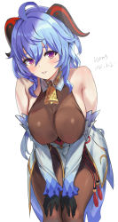 Rule 34 | 1girl, 2021, ahoge, artist name, bad id, bad pixiv id, bare shoulders, bell, blue hair, blush, bodysuit, bodysuit under clothes, breasts, covered erect nipples, cowbell, dated, ganyu (genshin impact), genshin impact, gloves, highres, horns, icon (computing), icons (1452697582), large breasts, leaning forward, long hair, looking at viewer, parted lips, purple eyes, sideboob, simple background, skin tight, white background