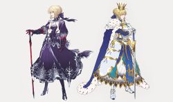 Rule 34 | 1girl, armor, armored dress, artoria pendragon (all), artoria pendragon (fate), blonde hair, blue dress, blue ribbon, boots, braid, breasts, cape, clenched hand, commentary request, crossed arms, dress, ears visible through hair, excalibur morgan (fate), fate/stay night, fate (series), full body, gauntlets, greaves, green eyes, grey background, hair between eyes, hair bun, hair ribbon, hand on hilt, hands on hilt, high heel boots, high heels, highres, legs apart, looking at viewer, medium breasts, multicolored cape, multicolored clothes, multicolored footwear, multiple views, parted lips, puffy sleeves, ribbon, saber (fate), simple background, single hair bun, standing, sword, tenobe, weapon, white background, yellow eyes